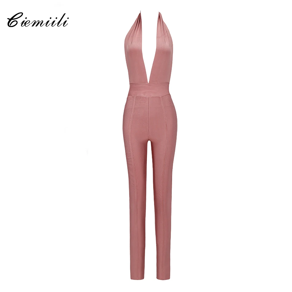 CIEMIILI Tiefe V Neck Fashion Promi Bandage Solide Strampler 2020 Damen Neue Mode Voller Länge Dünne Sommer Backless Overall