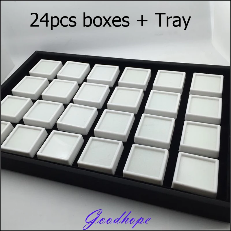 

Loose Diamond Display Tray and Boxes 24pcs Gem Gemstone Beads Jewelry Displaying Organizer Holders in Black Leatherette Showcase