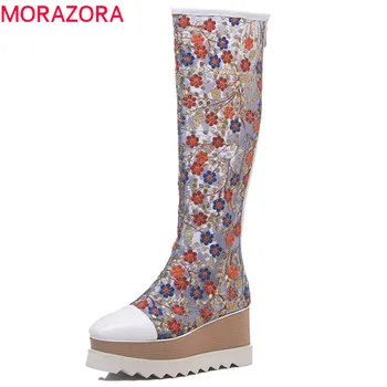 

MORAZORA 2019 genuine Leather knee high boots women embroider mesh Summer boots comfortable fashion wedges platform shoes woman