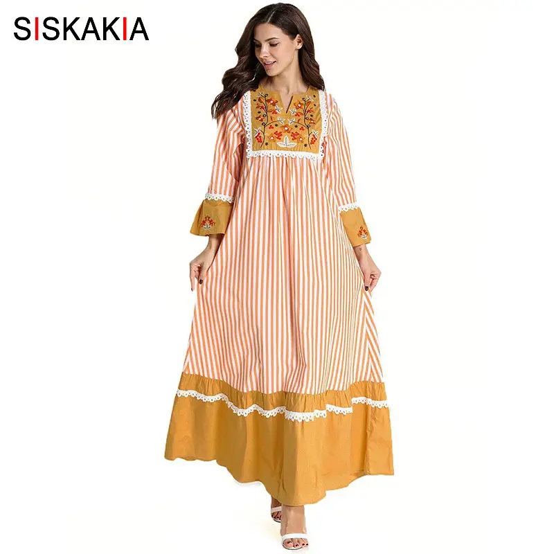 

Siskakia Ethnic Patch Embroidery Stripe Long Dress Casual Color Block Maxi Dresses Long Sleeve Plus Size Women Clothes Orange