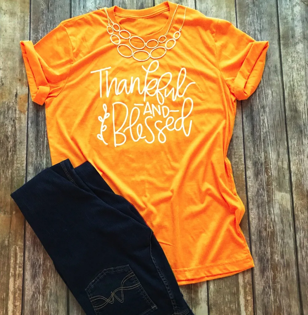 Благодарен и футболка с надписью Blessed Graphic Shirt Днем Благодарения желтый дамы осень рубашки Christian моды эстетическое Отправить предложение Топ