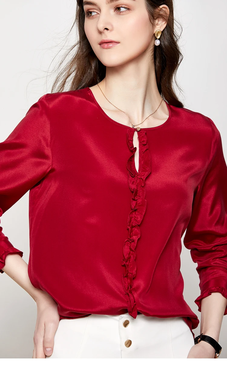 Женская шелковая блузка, натуральный шелк, креп, одноцветная блузка для женщин, о-образный вырез, длинный рукав, рубашка,, весна, новые блузки, винные
