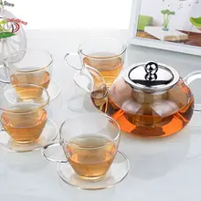 1х термостойкий стеклянный чайный набор-625 мл чайный горшок с ситечком и крышкой из нержавеющей стали+ 4x наборов 140 мл чайных чашек и блюдцев