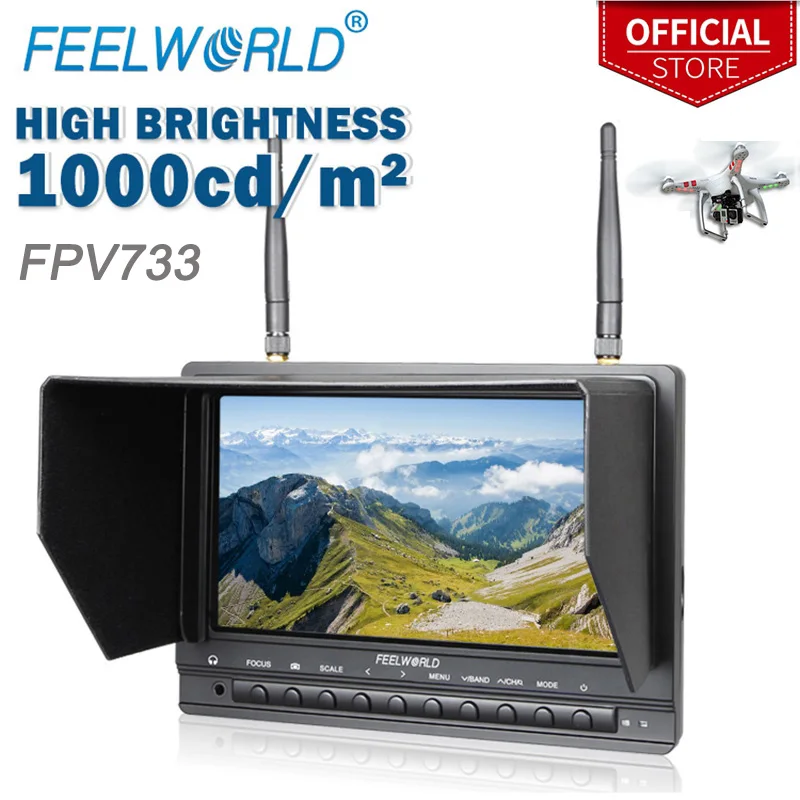 

Feelworld FPV733 7" 800x480 Resolution 1000 Nits Brightness FPV Monitor with Dual 5.8G 32CH Diversity Receiver Drone UAV Monitor