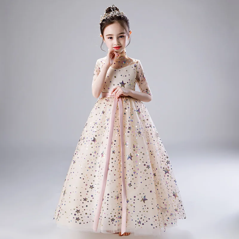 

2019 New Retail Beauty Appliques Petal Princess Evening Prom Gown Long Dress With Stars Embroidery Cute Flower Girls Dress