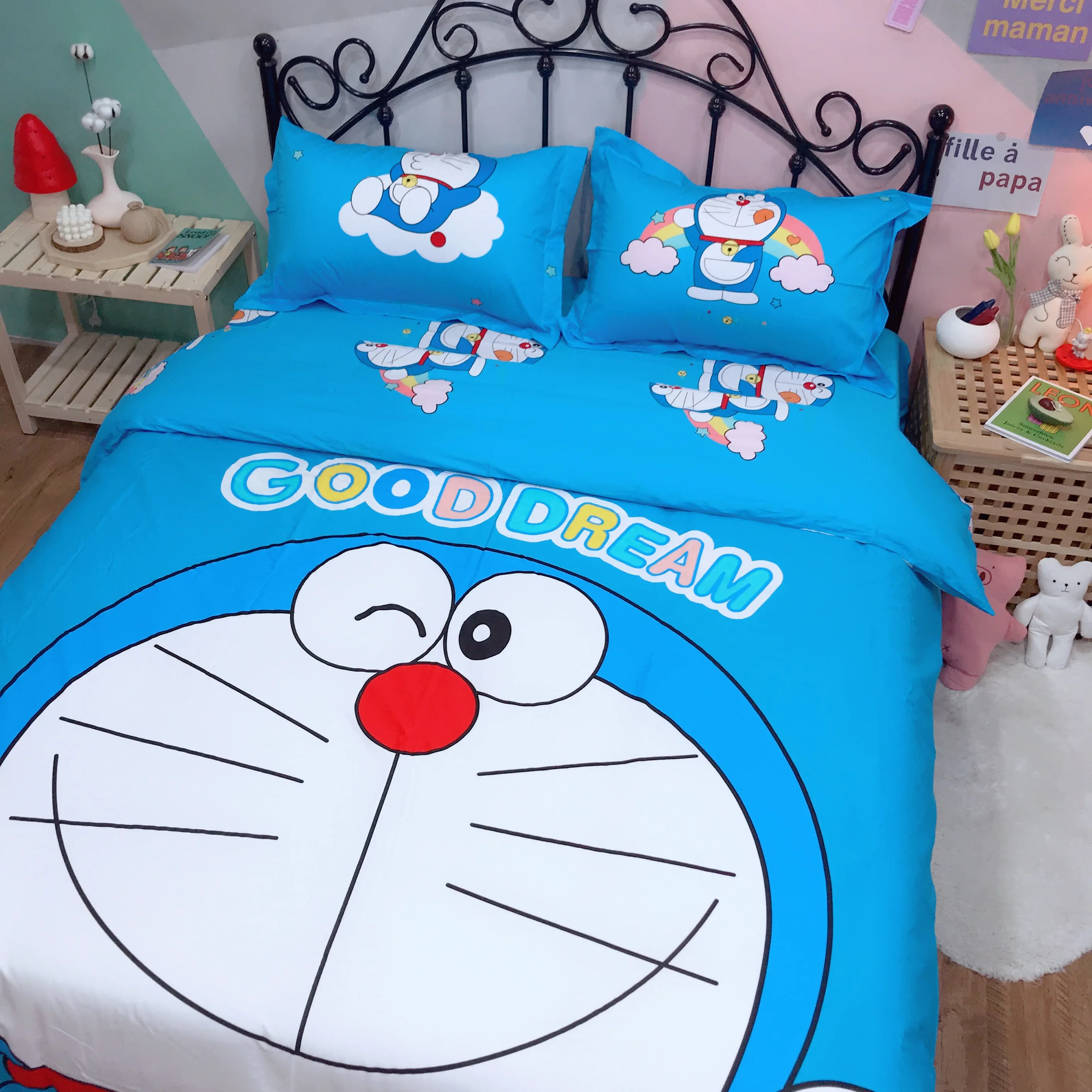 Комплект постельного белья с героями мультфильмов Doraemon, детская спальня, чистое хлопковое стеганное одеяло, двойной королева, король, милое пуховое одеяло, простыня, Синий Постельное белье