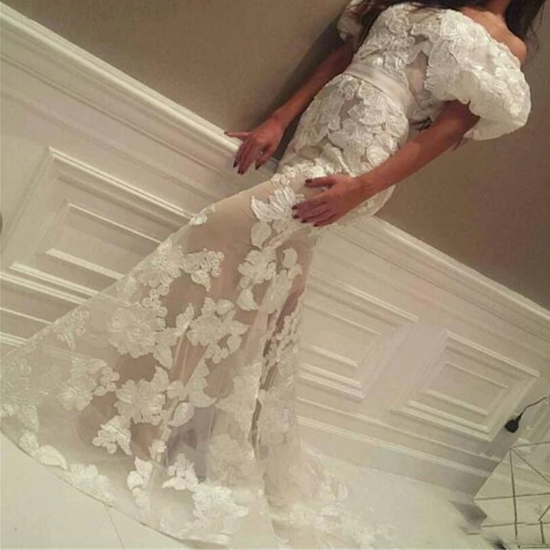2019 Ivory Evening Dresses Lace Applique Formal Long Prom Gowns Saudi Arabic Tight Speical Occasion Dress169