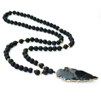 

Trendy Women Men Jewelry Mala Necklace Natural Black Lava Stone with Obsidian Arrow Pendant Vintage Necklace