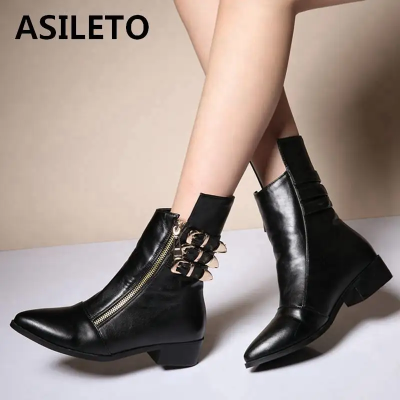 

ASILETO Brand Ankle BootsWomen Boots female Patent Leather Buckle Low Heels Boots Ladies Pointy Boots botte femme S669