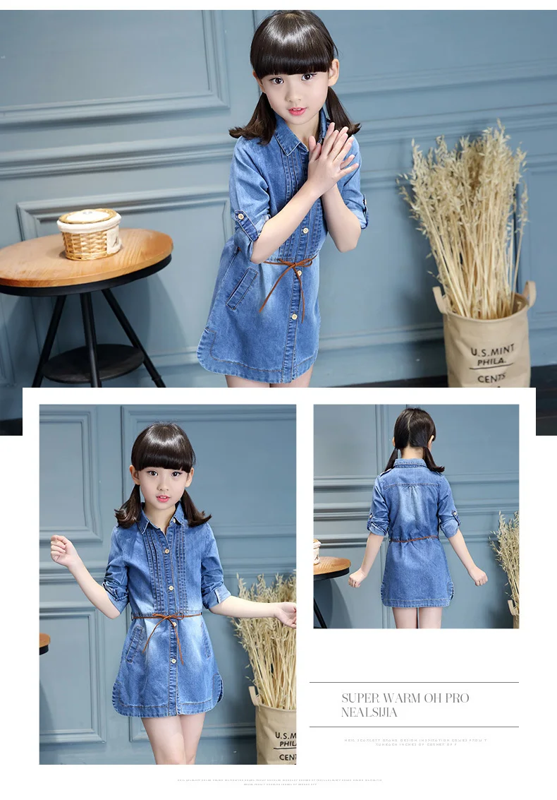 Красивые модные весенние синие джинсовые платья с узорами для маленьких девочек; одежда для детей; стильная футболка; детское джинсовое платье с поясом для девочек
