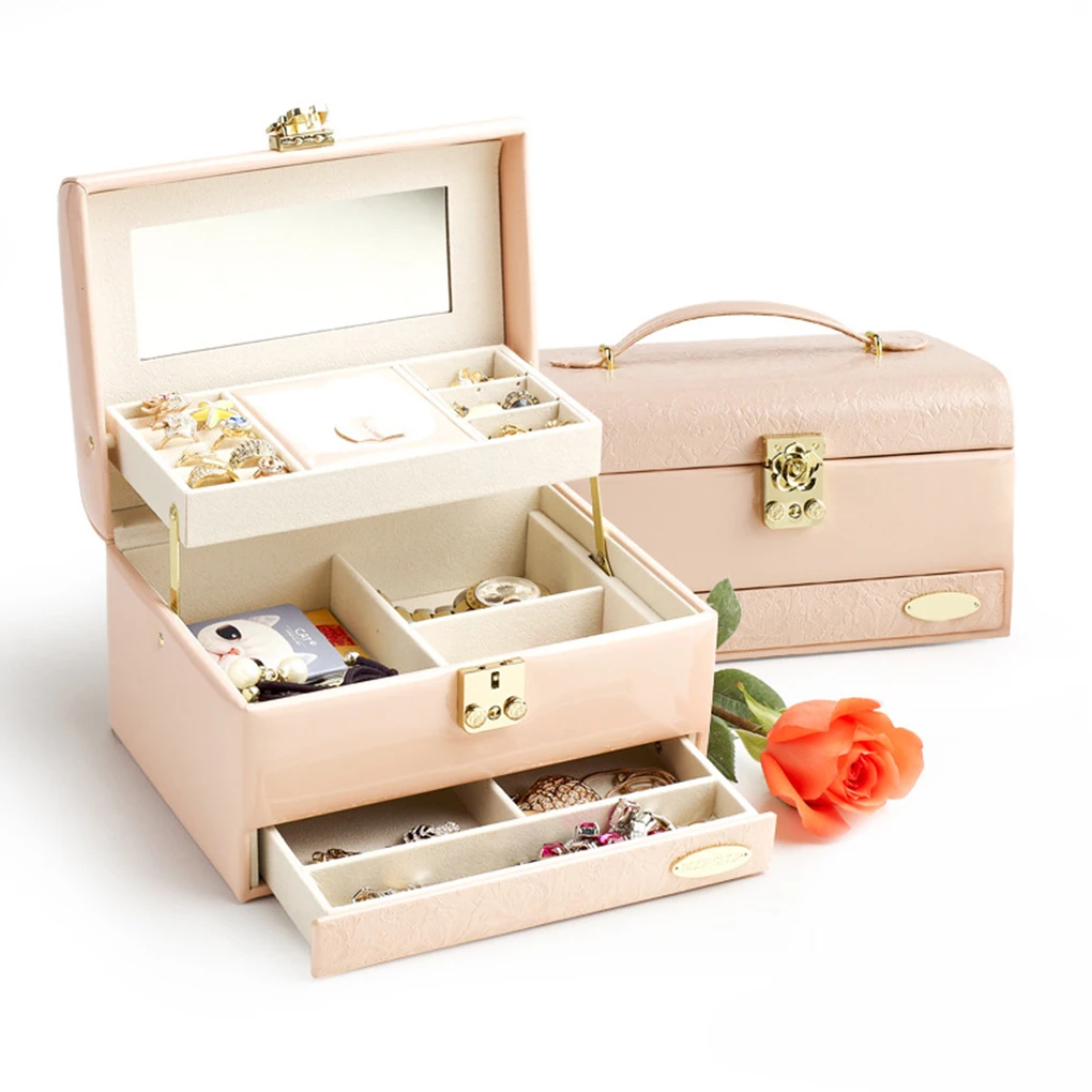 

New Portable Lockable PU Leather European Style Jewelry Display Cosmetics Case Organizer Container Box