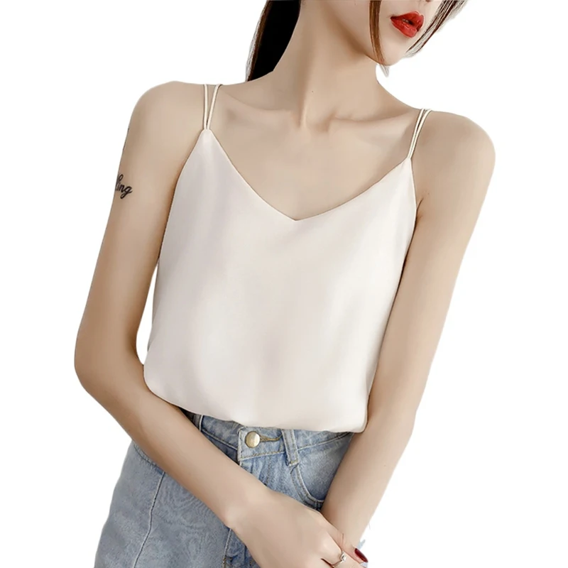 

Sexy Summer Shirt Solid Color Loose Crop Tops 2019 Casual Sleeveless Sweet Basic Chiffon V-Neck Camisole For Women