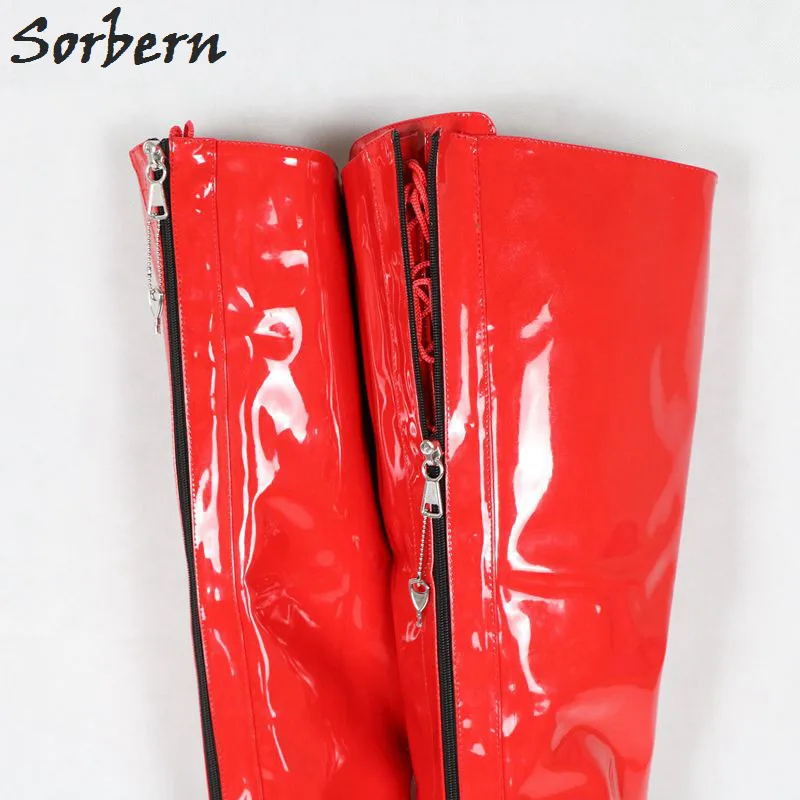 Sorbern/женские сапоги до бедра на платформе 15 см с застежкой-молнией спереди на платформе с замочком; красные лакированные сапоги на шнуровке и молнии;