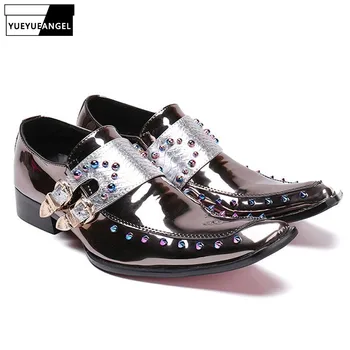 

Luxury Brand Men Brogue Shoes Real Leather Business Formal Shoes Men Metal Crystal Slip On Wedding Prom Shoes Plus Size Silver
