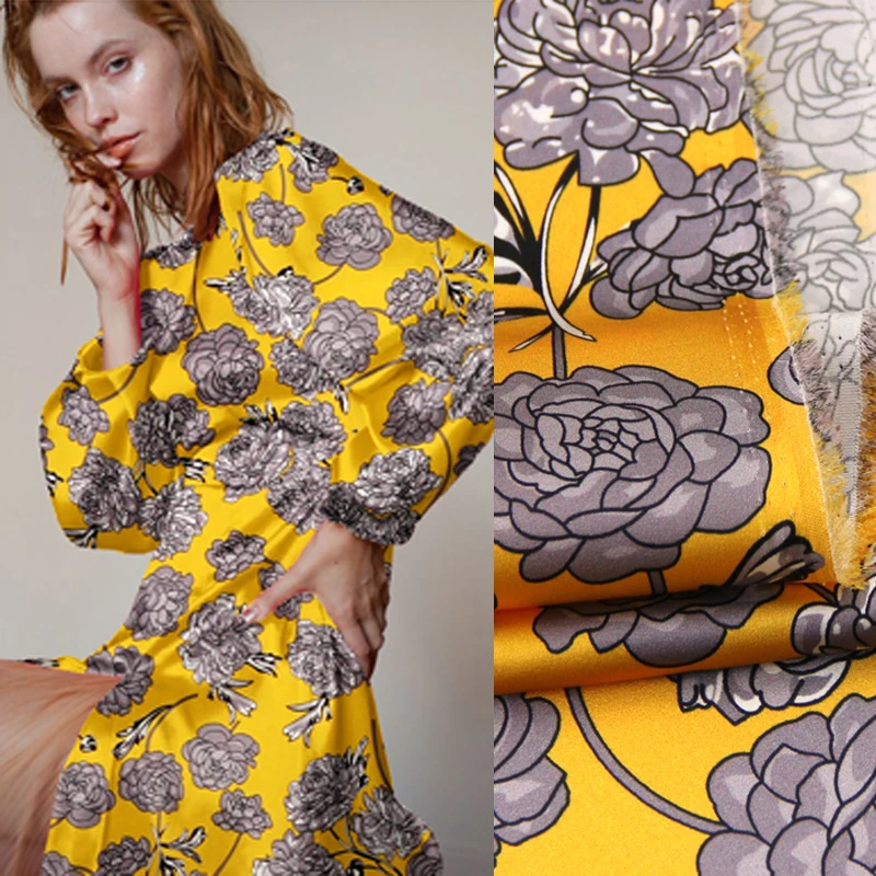 

118CM Wide 19MM 93% Silk & 7% Spandex Gray Floral Print Stretch Yellow Silk Satin Fabric for Dress Cheongsam Shirt Jacket D1017