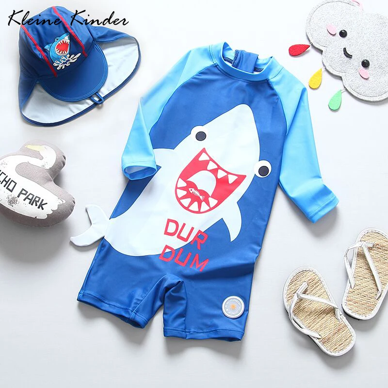 

2019 One Piece Swimsuit for boys Cute Shark Print Blue Long Sleeve Children's Swimwear with Sunscreen Cap Kids Bathing Suits