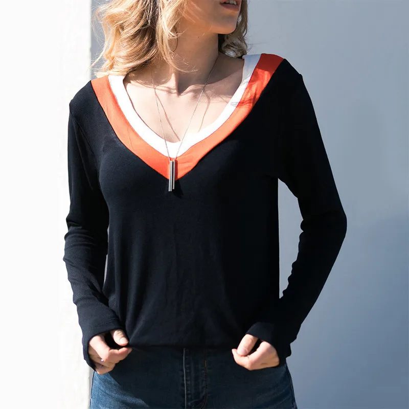 

Tee Shirts Woman 2019 Autumn New Korean Harajuku Sexy V-neck T-shirt For Women Long Sleeve T-shirts Casual Tops Plus Size Blusas