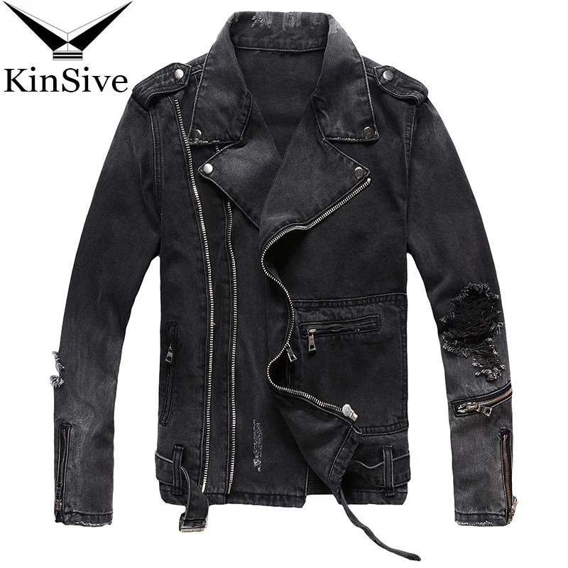Mens Slim Fit Vintage Ripped Denim Jackets Black Multi Zippers