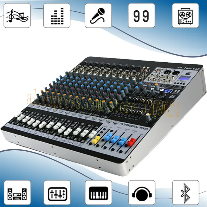 16 Channels Bluetooth Mixer 99 Kinds of Digital Effects 6 Group Output Dual 7 band Equalizer