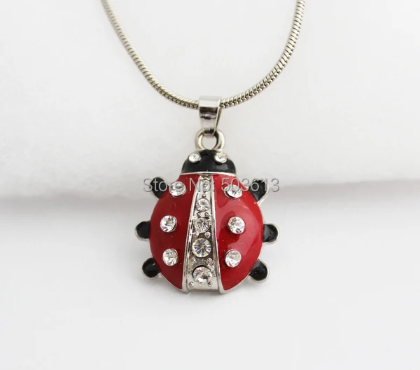 

Tops 2014!Dull-Silver Alloy Enamel women's short ladybug rhinestone pendant necklace xy180