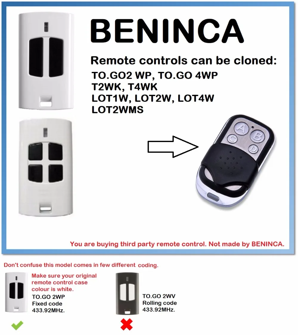 

BENINCA TO.GO 2WP, TO.GO 4WP Remote Control Duplicator 4-Channel (only for 433.92mhz fixed code)