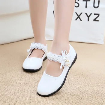 

Kid Shoes Girls Flower Bow Bead Dress Wedding Leather Shoes For Girls Big Size Little Girl Prinses Children Shoe Flat 3 6 7 9 12