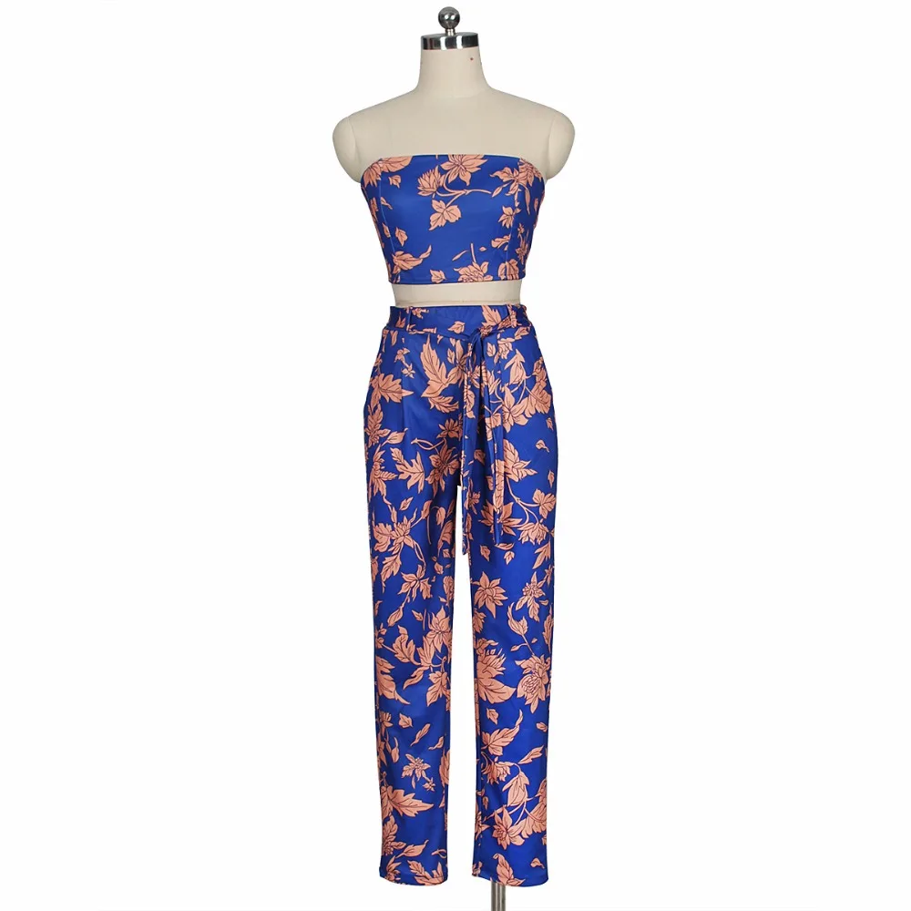 Newest Printed Two Piece Set Sexy Women Strapless Back Bandage Crop Top&High Waist Lace-up Long Pants 2 Piece Set Summer 2 color Women's Sets