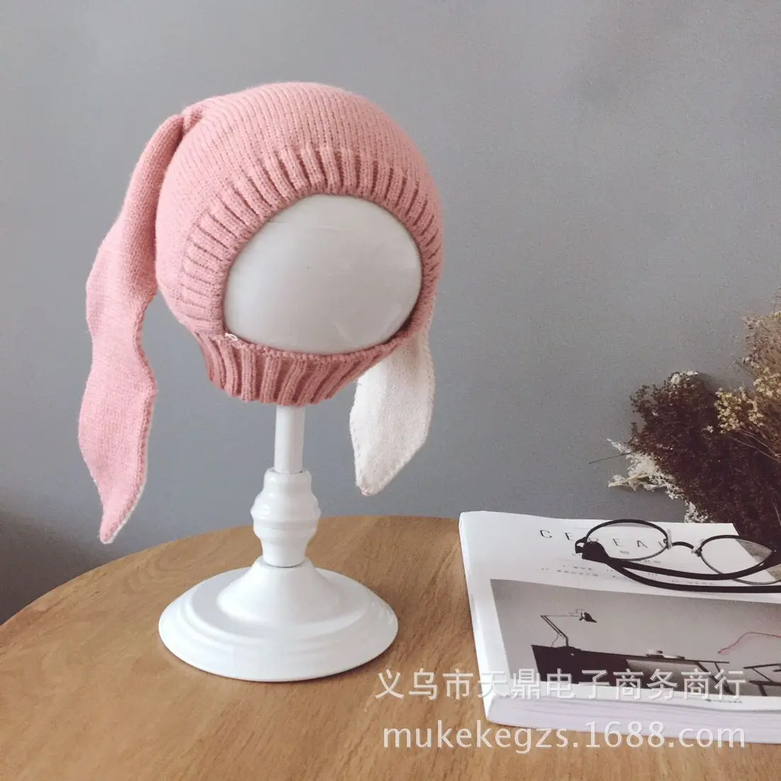 Детская шапка для малышей, Детские Зимние трикотажные изделия с заячьими ушками, теплая шапка для девочек, Аксессуары для мальчика, реквизит для детской фотосъемки - Цвет: Розовый