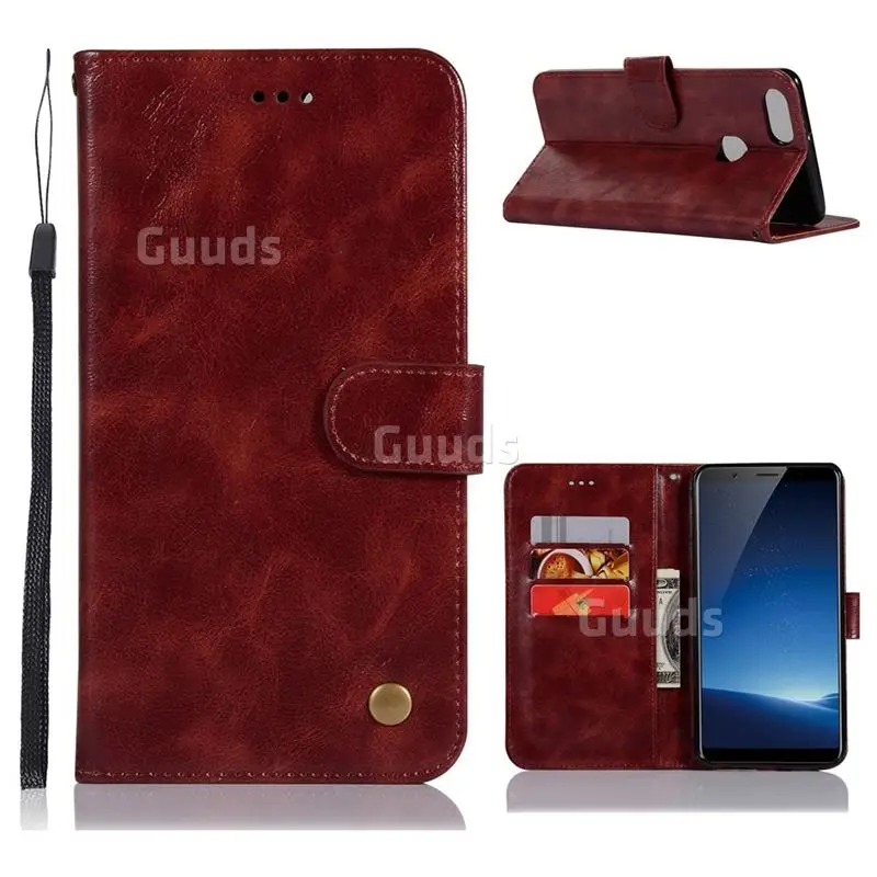 Luxury Retro Leather Wallet Case for Vivo X20 Plus - Wine Red