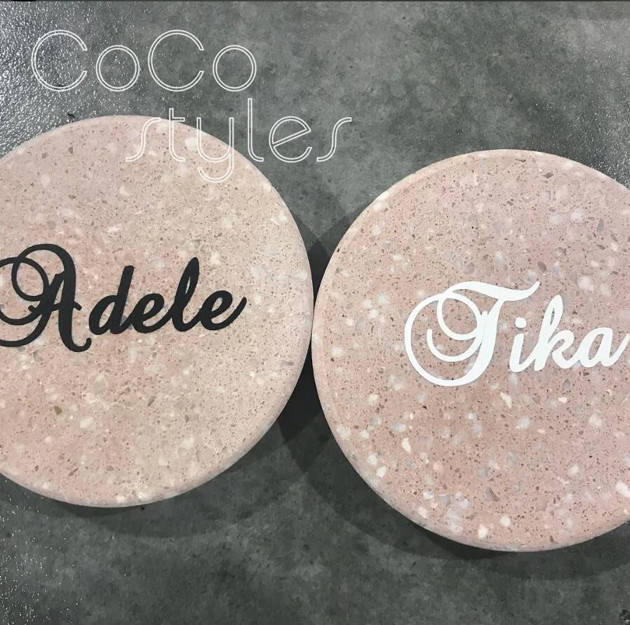  Cocostyles bespoke special round granolithic stone name card with hand writing for rustic wedding i - 32893066097