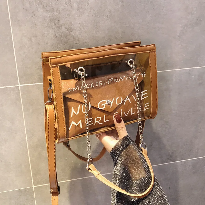 

Transparent Pink PVC Shoulder Crossbody Bag Ladies Beach Bag 2019 New Laser Crystal Design Chain Jelly Bag Tote Purse