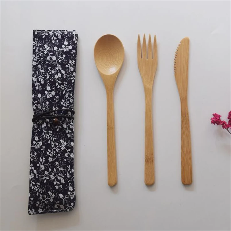 

Eco-Friendly Bamboo Cutlery Set Knife Fork Spoon 3PCS/SET Portable Flatware Student Tableware Set Travel Dinnerware Set