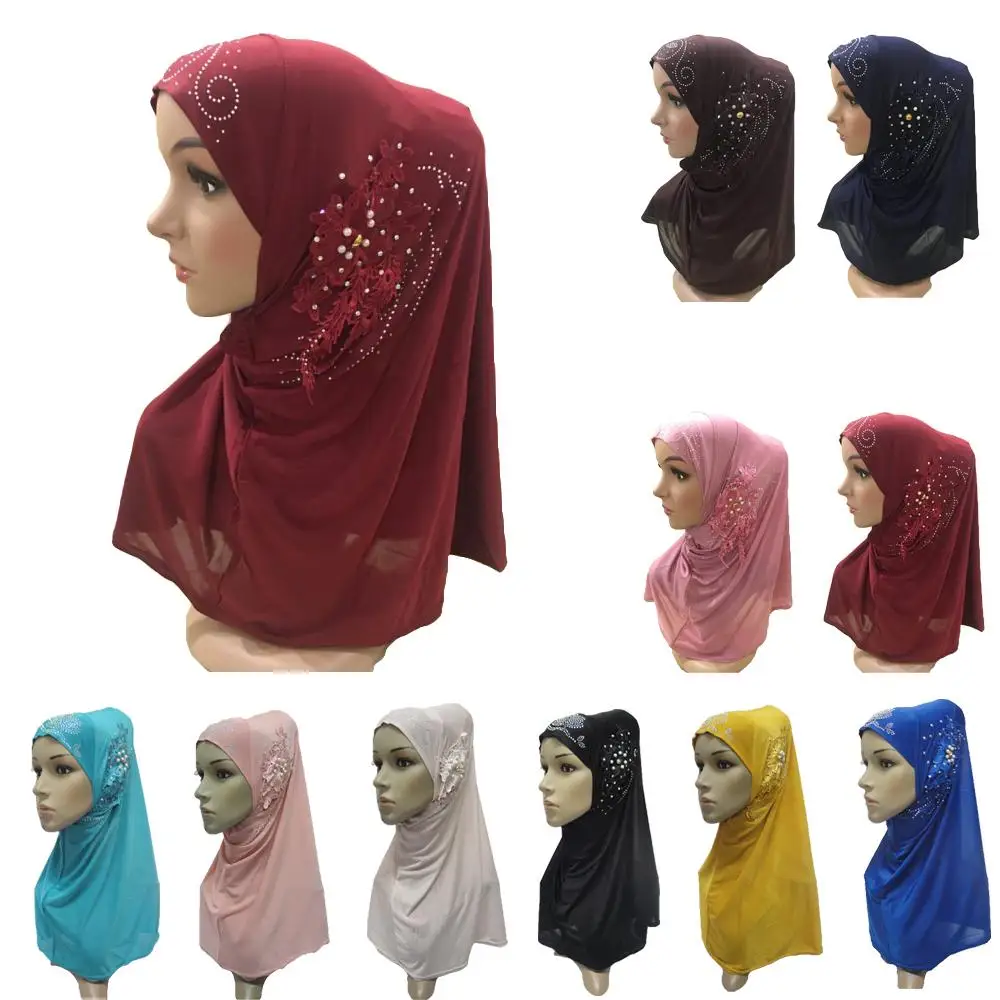 

Muslim Women Beads Hijab Prayer Hat Scarf Amira One Piece Headscarf Cover Shawl Wrap Flower Head Wrap Full Cover Hijabs Turban