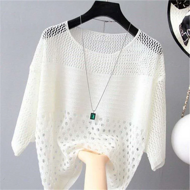 Spring Summer Sexy Women Knitted Pullovers White Striped Seven Quarter sleeve thin Sunscreen Hollow Out Tops Loose Basic office | Женская