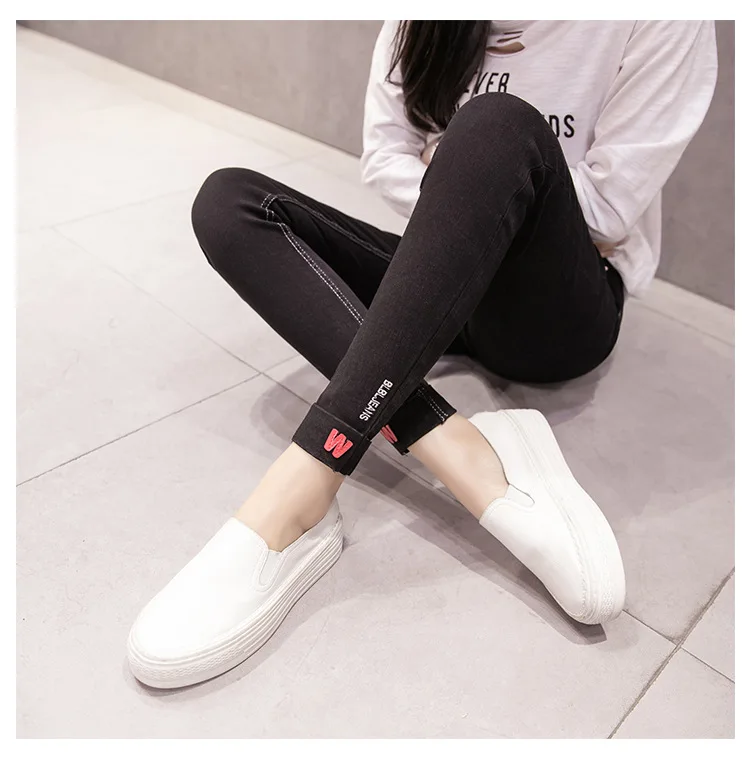 Высокой талией джинсовые леггинсы Женская одежда черный Повседневное корейский новый стиль карандаш брюки для весна 2018 вышитые джинсы