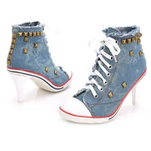 2017 Spring Autumn Vintage Rivet Pumps Women Ladies Lace-Up Canvas High Heels Girl Casual Denim Pumps Sexy Cool Punk Large Size