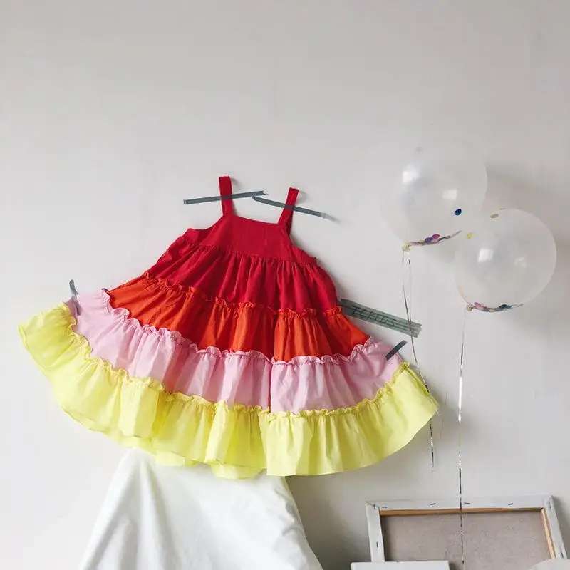 

chifuna New Summer Sweet Rainbow Gradient Cute Sling Princess Dress 3-7 Years Old for Girls Children Clothes Kids Dresses Casual