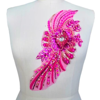 

3D EMBROIDERED Fuchsia Lace Patches Appliques Diy Sewing for Clothes Beaded Rhinestone Crystal Strass Wedding Dress Costumes