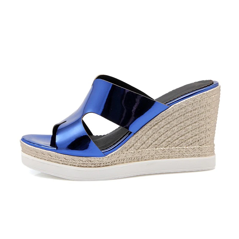 Big Size 33-43 Summer Woman Shoes Platform Metallic Leather Pink Slides Wedge Beach High Heel Slippers For Women Blue Lady Shoes (12)