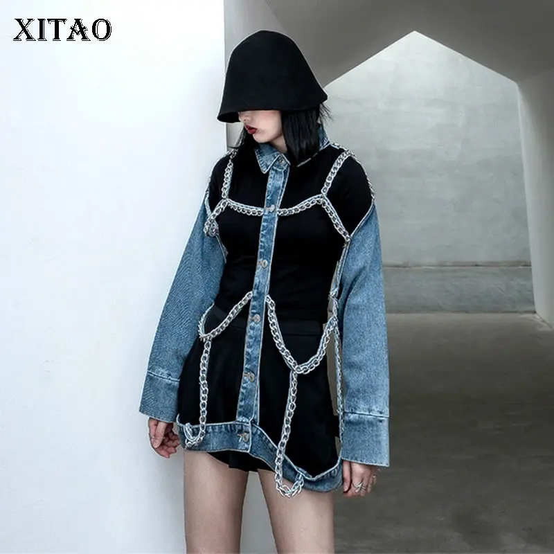 

XITAO Hollow Out Slim Chain Jacket Women Clothes Straight Single Breasted Patchwork Elegant Autumn Casual Style Coat WQR1295