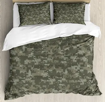 

Camouflage Duvet Cover Set Monochrome Attire Pattern Concealing Hiding in the Woods Themed Print Decorative 4 Piece Bedding Set