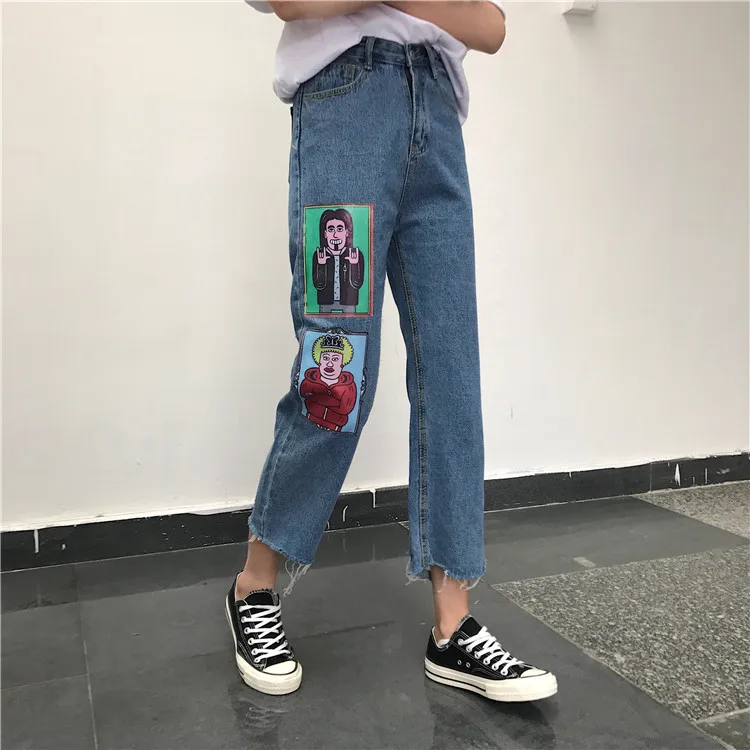 

Korean High Waist Zipper Cute Kawaii Cartoon Print Ripped Hole Washed Denim Straight Pant Streetwear Hiphop Jean Graffiti Bottom