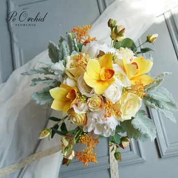 

PEORCHID White Yellow Peony Bride Holding Flowers Real Touch Orchid Rose Custom Bouquet Bridal Big Wedding Bouquet Korean Style