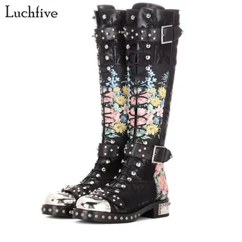 

2017 Newest Rivets studded long boots leather & flock printed flowers Motorcycle Boots Round toe buckled strap bota feminina