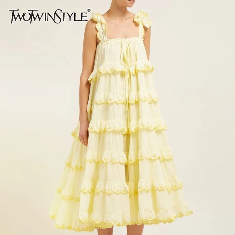 

TWOTWINSTYLE Elegant Sleeveless Women Dress Strapless Off Shoulder Oversized Ruffles Midi Dresses Female Fashion 2019 Summer