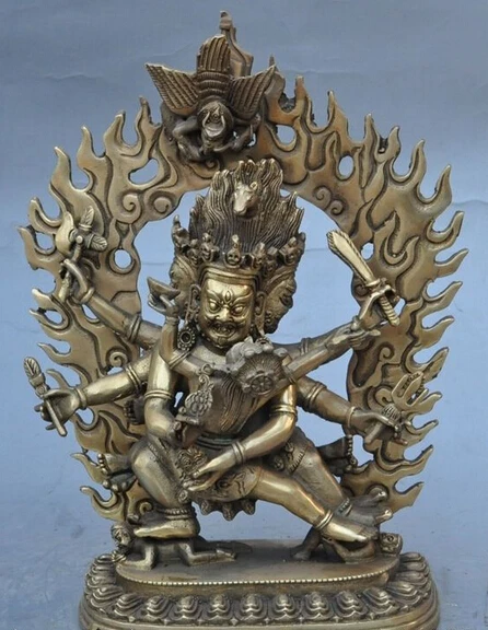 

006993 10" tibet buddhism brass 3 heads 6 arms Mahakala god happy buddha Hevajra statue