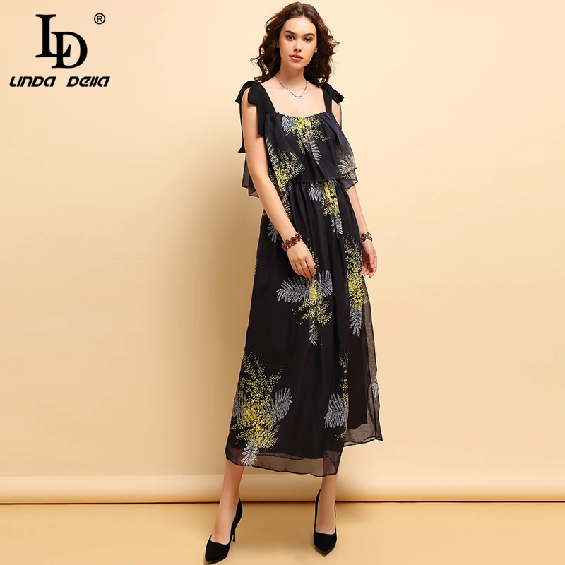 

LD LINDA DELLA 2019 Spring Summer Fashion Chiffon Dress Women's Vintage Bow Tie Star Printed Ruffles Elegant Party Long Dresses