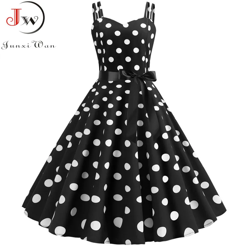 

Women Summer Polka Dot Print Party Dress Robe Femme Black Retro Vintage Swing Prom Rockabilly Midi Dresses vestidos Plus Size