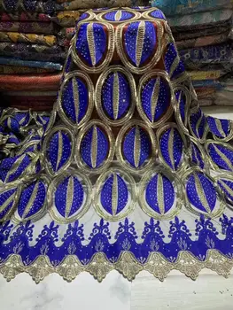 

2019 New Design African Lace Fabric High Quality French Gold Thread Embroidered Tulle Lace Fabric with Stones Royal Blue T7