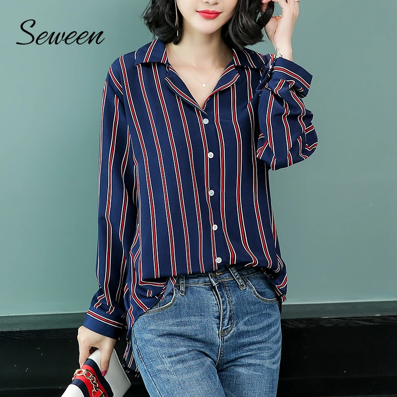 Blusa a rayas de gasa para Mujer Tops y de moda de otoño 2018 blusa de mujer de manga larga con cuello entallado para damas azul rosa| Blusas y camisas| -